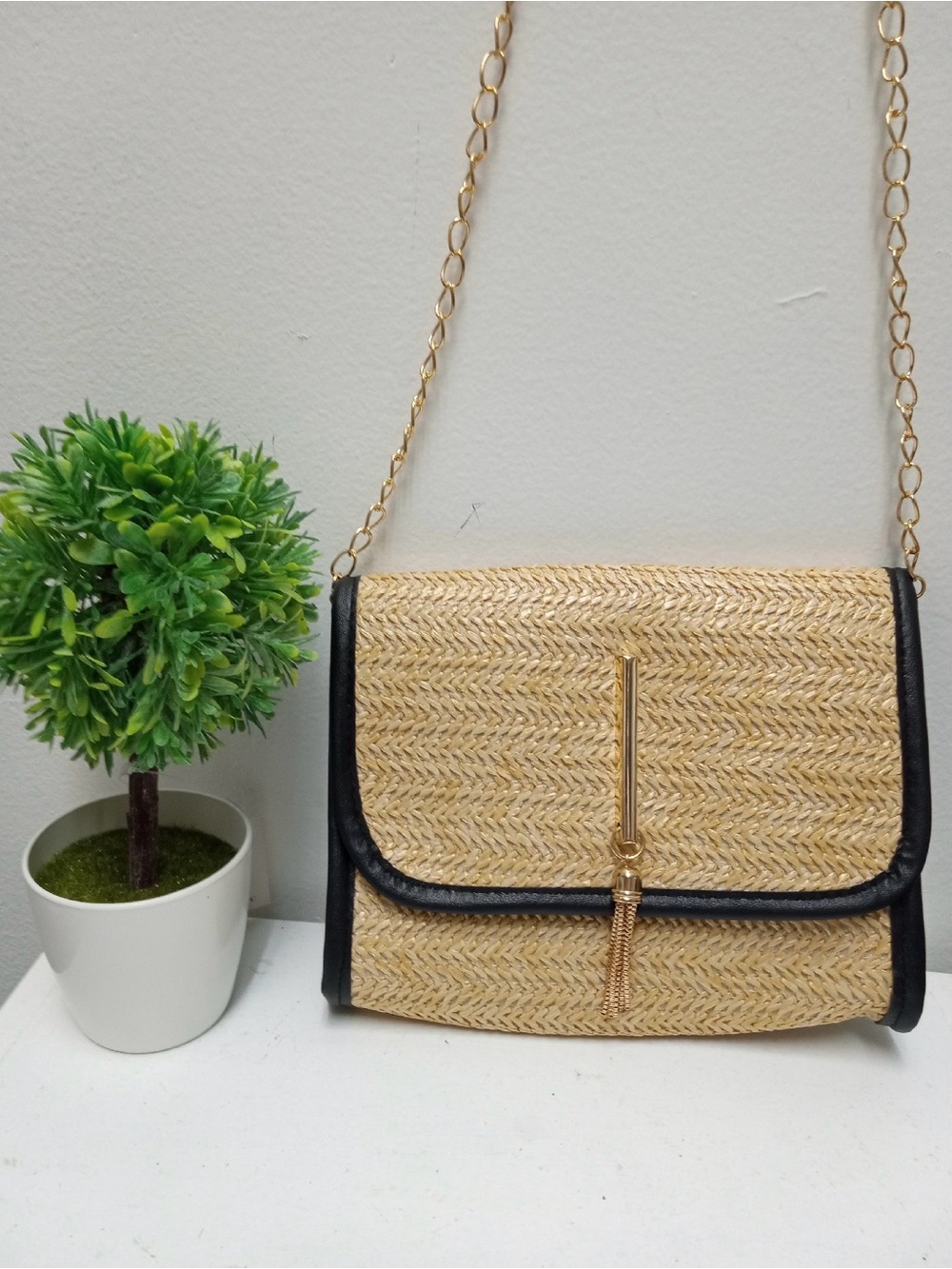 Straw Crossbody Bag with Black Trim and Gold Chain